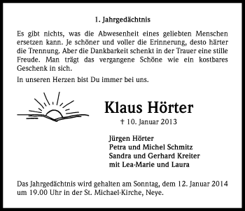 Anzeige von Klaus Hörter von Kölner Stadt-Anzeiger / Kölnische Rundschau / Express