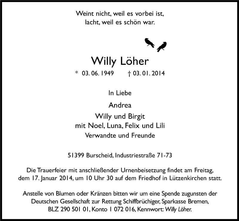 Traueranzeige für Willy Löher vom 11.01.2014 aus Kölner Stadt-Anzeiger / Kölnische Rundschau / Express