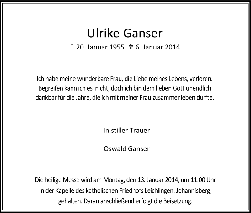  Traueranzeige für Ulrike Ganser vom 11.01.2014 aus Kölner Stadt-Anzeiger / Kölnische Rundschau / Express