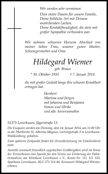 Anzeige von Hildegard Wiemer von Kölner Stadt-Anzeiger / Kölnische Rundschau / Express