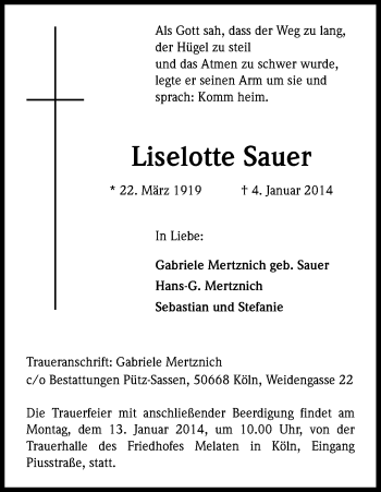 Anzeige von Liselotte Sauer von Kölner Stadt-Anzeiger / Kölnische Rundschau / Express