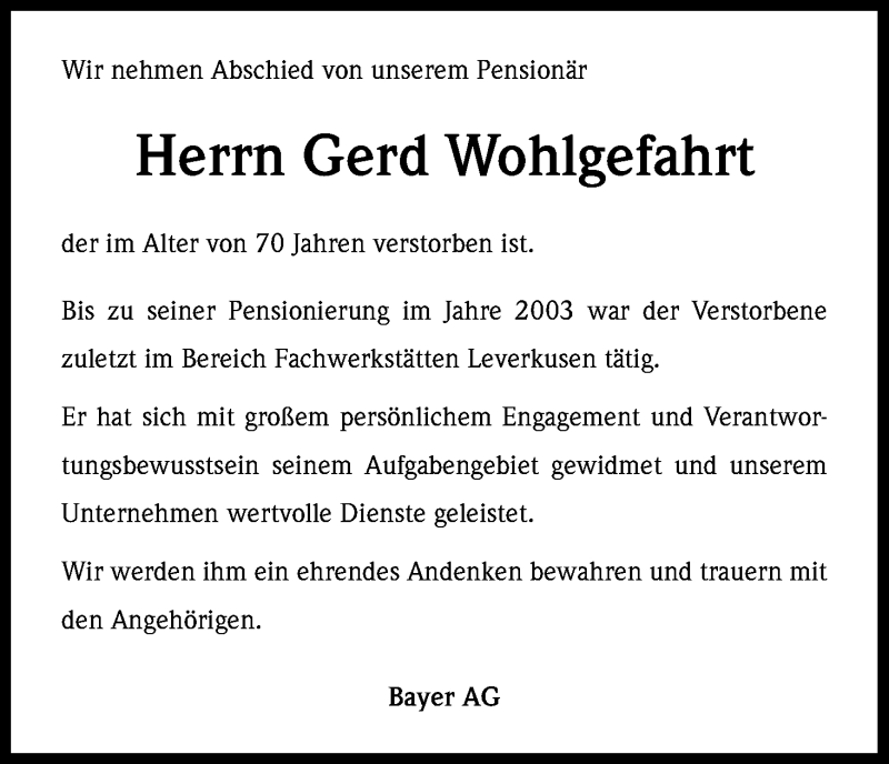  Traueranzeige für Gerd Wohlgefahrt vom 09.01.2014 aus Kölner Stadt-Anzeiger / Kölnische Rundschau / Express