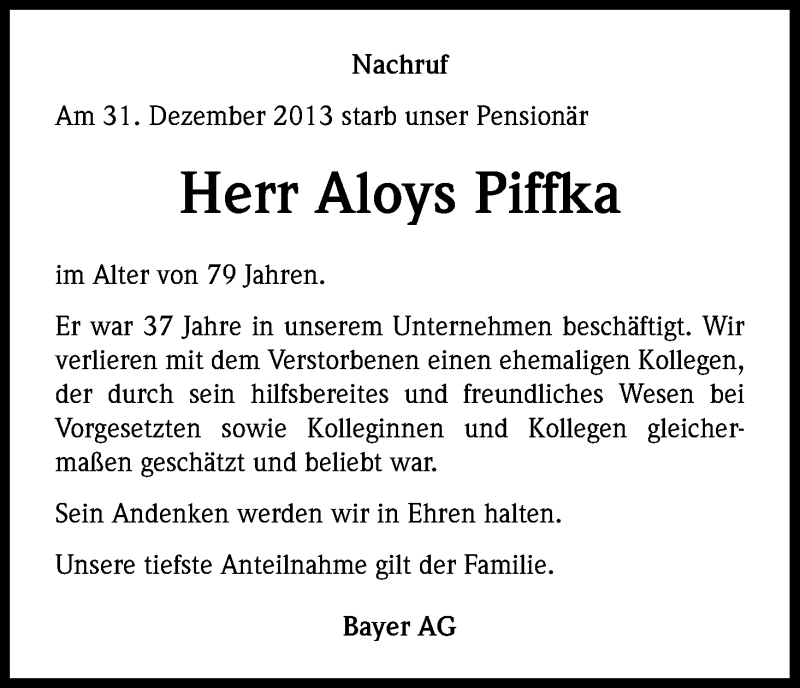 Traueranzeige für Aloys Piffka vom 09.01.2014 aus Kölner Stadt-Anzeiger / Kölnische Rundschau / Express