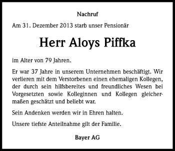 Anzeige von Aloys Piffka von Kölner Stadt-Anzeiger / Kölnische Rundschau / Express