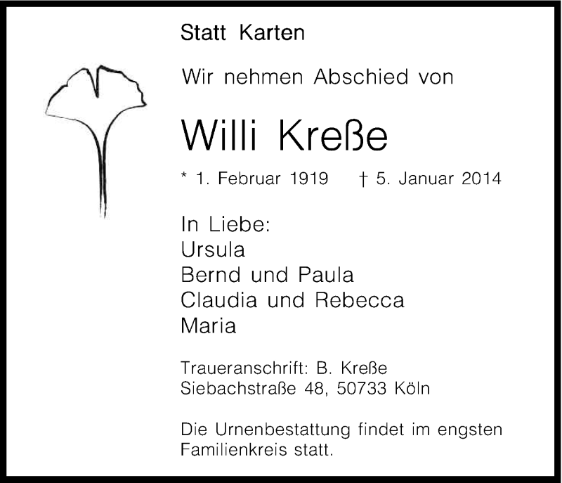  Traueranzeige für Willi Kreße vom 11.01.2014 aus Kölner Stadt-Anzeiger / Kölnische Rundschau / Express