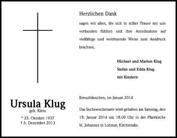 Anzeige von Ursula Klug von Kölner Stadt-Anzeiger / Kölnische Rundschau / Express