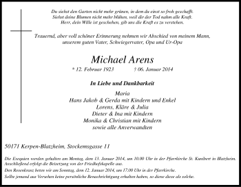 Anzeige von Michael Arens von Kölner Stadt-Anzeiger / Kölnische Rundschau / Express