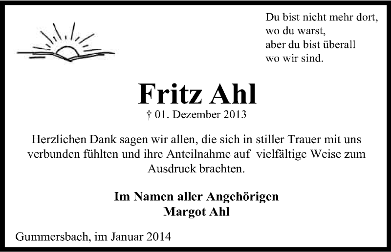  Traueranzeige für Fritz Ahl vom 11.01.2014 aus Kölner Stadt-Anzeiger / Kölnische Rundschau / Express