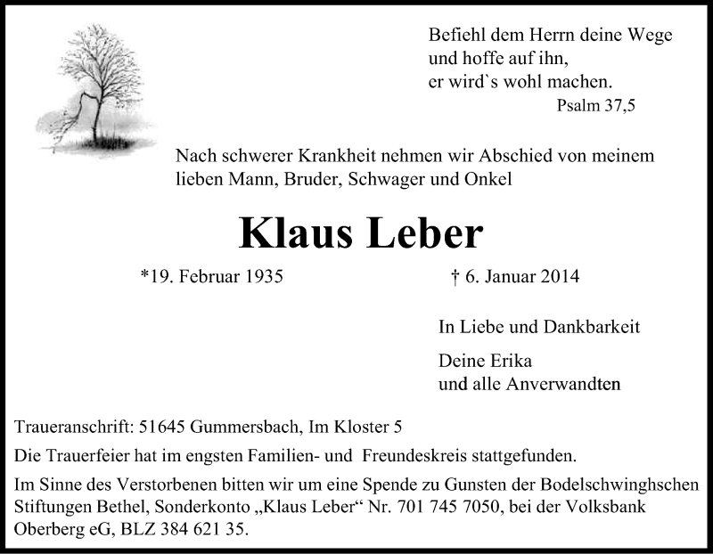  Traueranzeige für Klaus Leber vom 11.01.2014 aus Kölner Stadt-Anzeiger / Kölnische Rundschau / Express