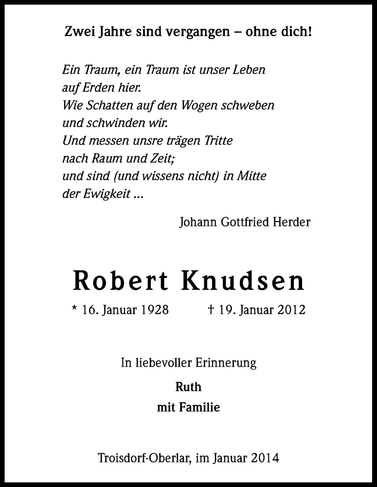  Traueranzeige für Robert Knudsen vom 18.01.2014 aus Kölner Stadt-Anzeiger / Kölnische Rundschau / Express