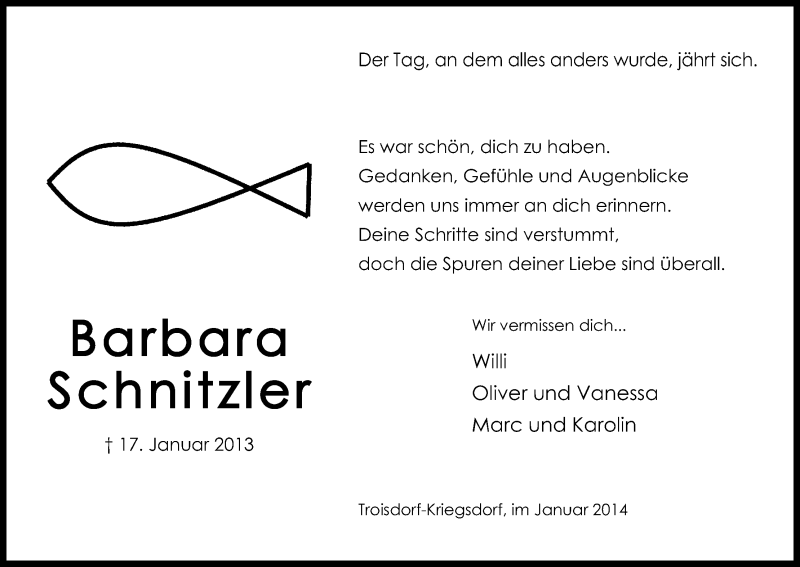  Traueranzeige für Barbara Schnitzler vom 18.01.2014 aus Kölner Stadt-Anzeiger / Kölnische Rundschau / Express