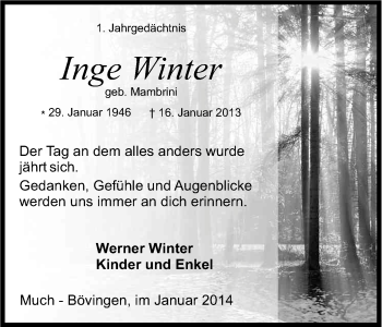 Anzeige von Inge Winter von Kölner Stadt-Anzeiger / Kölnische Rundschau / Express
