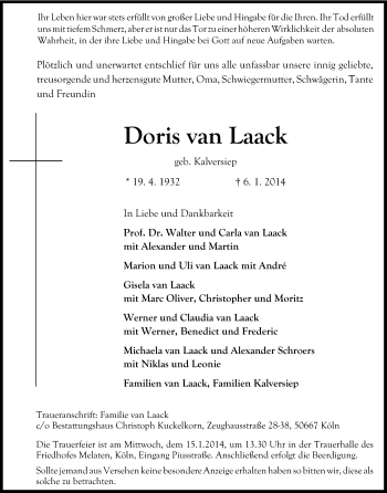 Anzeige von Doris van Laack von Kölner Stadt-Anzeiger / Kölnische Rundschau / Express