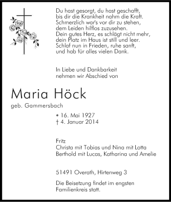 Anzeige von Maria Höck von Kölner Stadt-Anzeiger / Kölnische Rundschau / Express