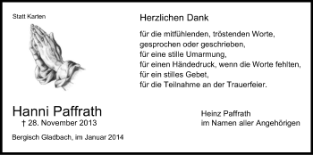 Anzeige von Hanni Paffrath von Kölner Stadt-Anzeiger / Kölnische Rundschau / Express
