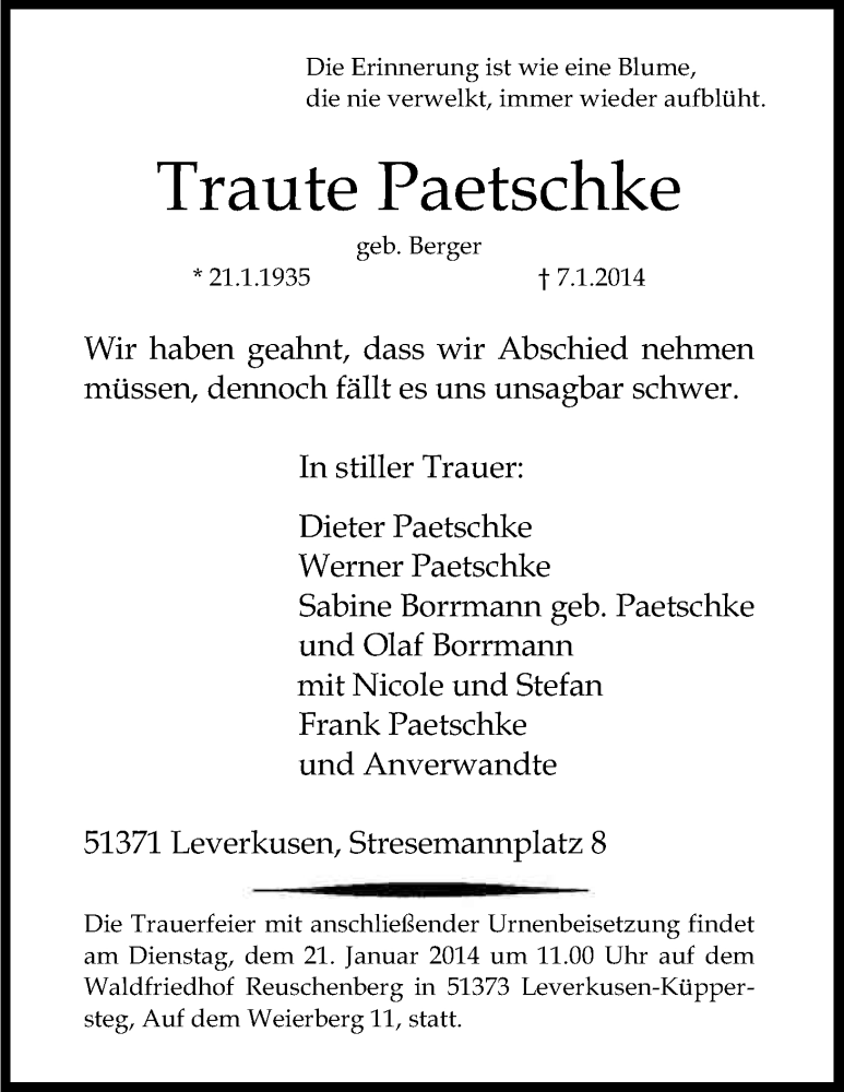  Traueranzeige für Traute Paetschke vom 13.01.2014 aus Kölner Stadt-Anzeiger / Kölnische Rundschau / Express
