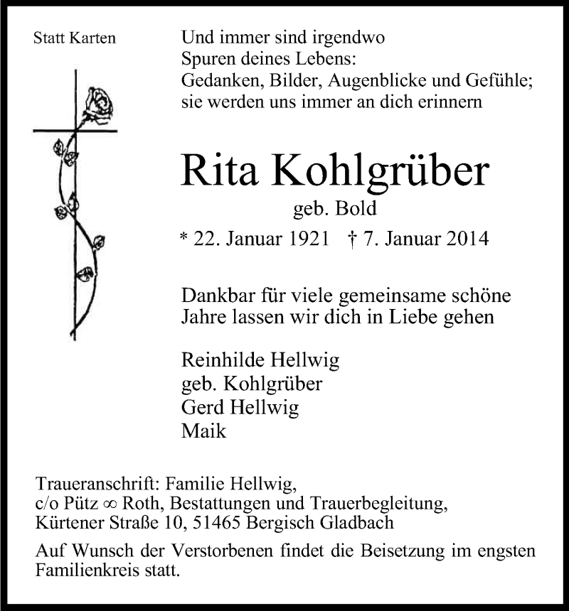  Traueranzeige für Rita Kohlgrüber vom 11.01.2014 aus Kölner Stadt-Anzeiger / Kölnische Rundschau / Express