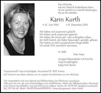 Anzeige von Karin Kurth von Kölner Stadt-Anzeiger / Kölnische Rundschau / Express
