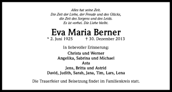 Anzeige von Eva Maria Berner von Kölner Stadt-Anzeiger / Kölnische Rundschau / Express