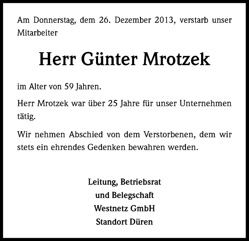  Traueranzeige für Günter Mrotzek vom 11.01.2014 aus Kölner Stadt-Anzeiger / Kölnische Rundschau / Express