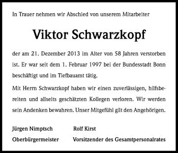Anzeige von Viktor Schwarzkopf von Kölner Stadt-Anzeiger / Kölnische Rundschau / Express
