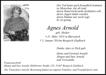 Anzeige von Agnes Arnold von Kölner Stadt-Anzeiger / Kölnische Rundschau / Express