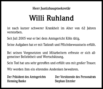Anzeige von Willi Ruhland von Kölner Stadt-Anzeiger / Kölnische Rundschau / Express