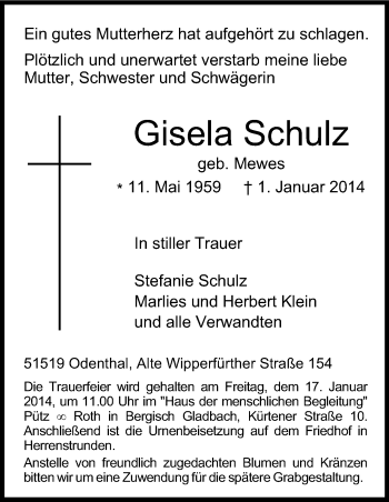 Anzeige von Gisela Schulz von Kölner Stadt-Anzeiger / Kölnische Rundschau / Express