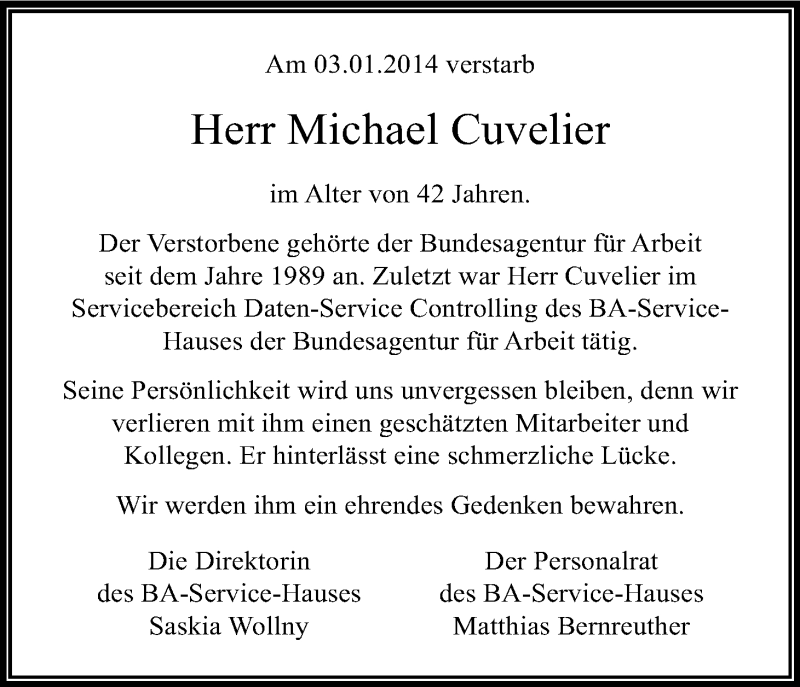 Traueranzeige für Michael Cuvelier vom 10.01.2014 aus Kölner Stadt-Anzeiger / Kölnische Rundschau / Express