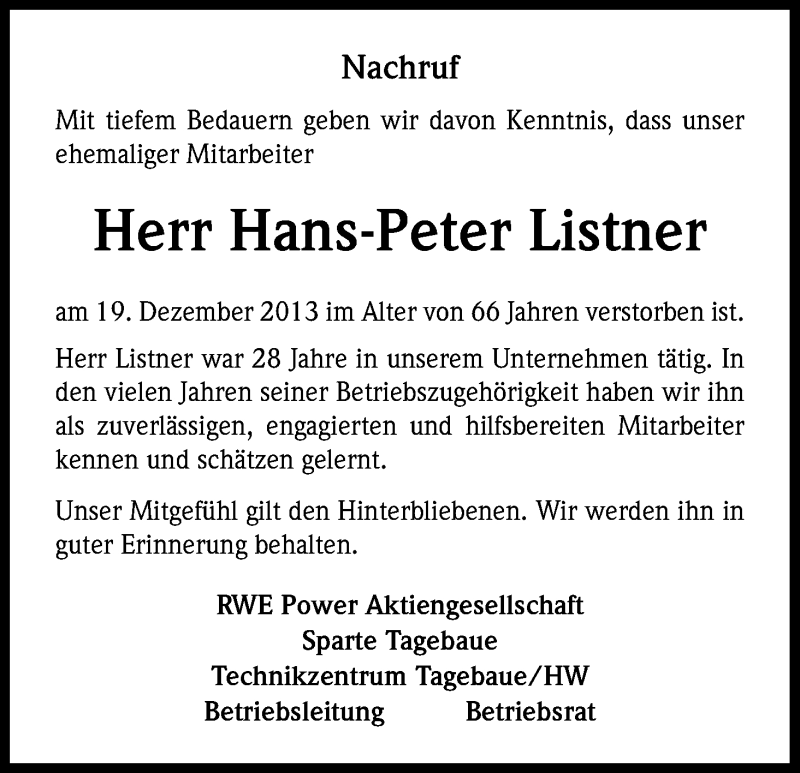  Traueranzeige für Hans-Peter Listner vom 10.01.2014 aus Kölner Stadt-Anzeiger / Kölnische Rundschau / Express
