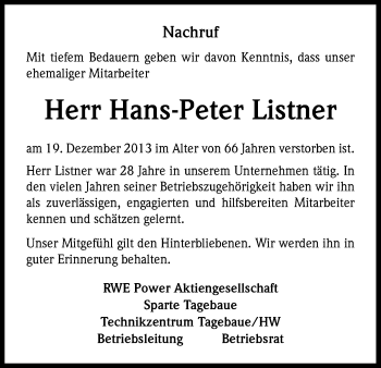 Anzeige von Hans-Peter Listner von Kölner Stadt-Anzeiger / Kölnische Rundschau / Express