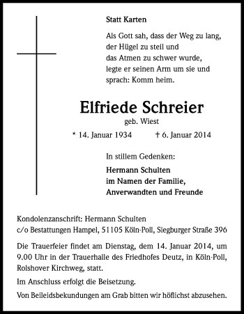Anzeige von Elfriede Schreier von Kölner Stadt-Anzeiger / Kölnische Rundschau / Express
