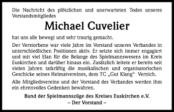 Anzeige von Michael Cuvelier von Kölner Stadt-Anzeiger / Kölnische Rundschau / Express
