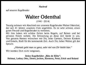Anzeige von Walter Odenthal von Kölner Stadt-Anzeiger / Kölnische Rundschau / Express