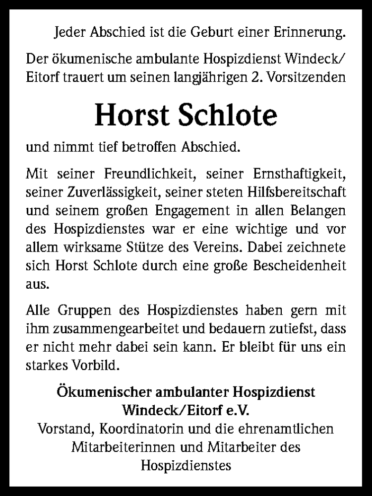  Traueranzeige für Horst Schlote vom 11.01.2014 aus Kölner Stadt-Anzeiger / Kölnische Rundschau / Express