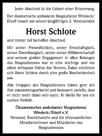 Anzeige von Horst Schlote von Kölner Stadt-Anzeiger / Kölnische Rundschau / Express