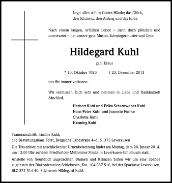 Anzeige von Hildegard Kuhl von Kölner Stadt-Anzeiger / Kölnische Rundschau / Express