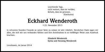 Anzeige von Eckhard Wenderoth von Kölner Stadt-Anzeiger / Kölnische Rundschau / Express