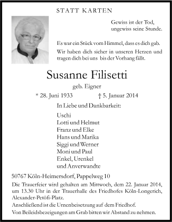 Anzeige von Susanne Filisetti von Kölner Stadt-Anzeiger / Kölnische Rundschau / Express