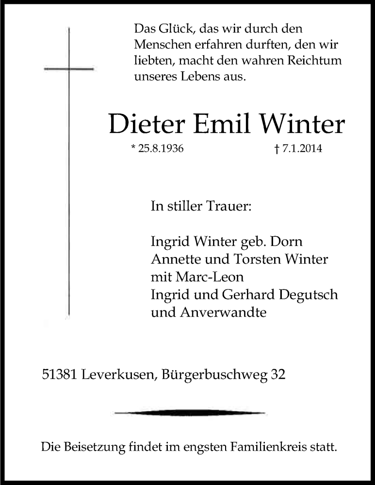  Traueranzeige für Dieter Emil Winter vom 14.01.2014 aus Kölner Stadt-Anzeiger / Kölnische Rundschau / Express