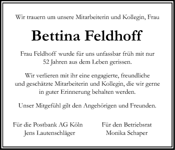 Anzeige von Bettina Feldhoff von Kölner Stadt-Anzeiger / Kölnische Rundschau / Express