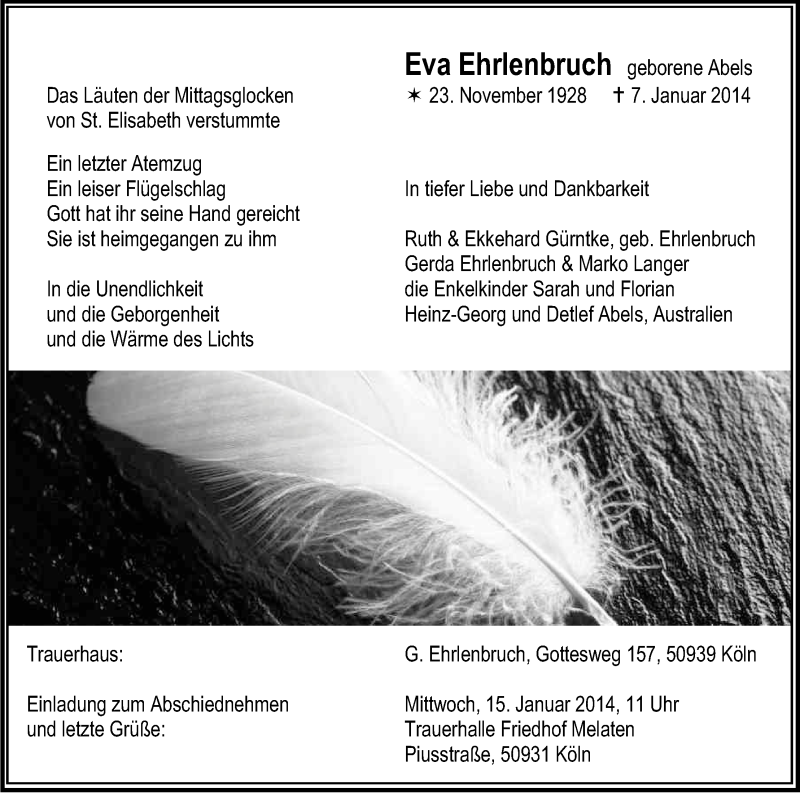  Traueranzeige für Eva Ehrlenbruch vom 11.01.2014 aus Kölner Stadt-Anzeiger / Kölnische Rundschau / Express