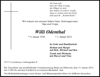 Anzeige von Willi Odenthal von Kölner Stadt-Anzeiger / Kölnische Rundschau / Express
