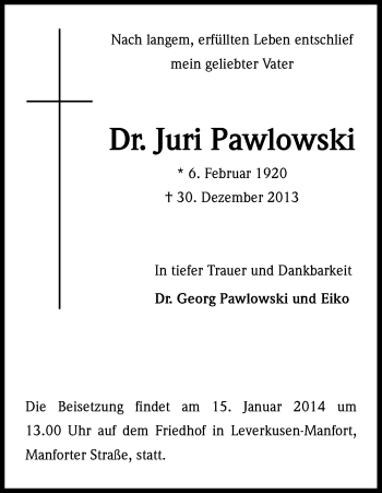 Anzeige von Juri  Pawlowski von Kölner Stadt-Anzeiger / Kölnische Rundschau / Express