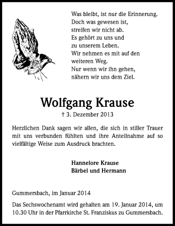 Anzeige von Wolfgang Krause von Kölner Stadt-Anzeiger / Kölnische Rundschau / Express