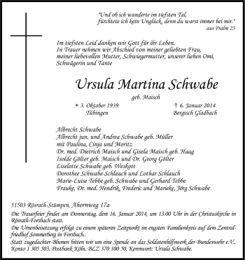Anzeige von Ursula Martina Schwabe von Kölner Stadt-Anzeiger / Kölnische Rundschau / Express
