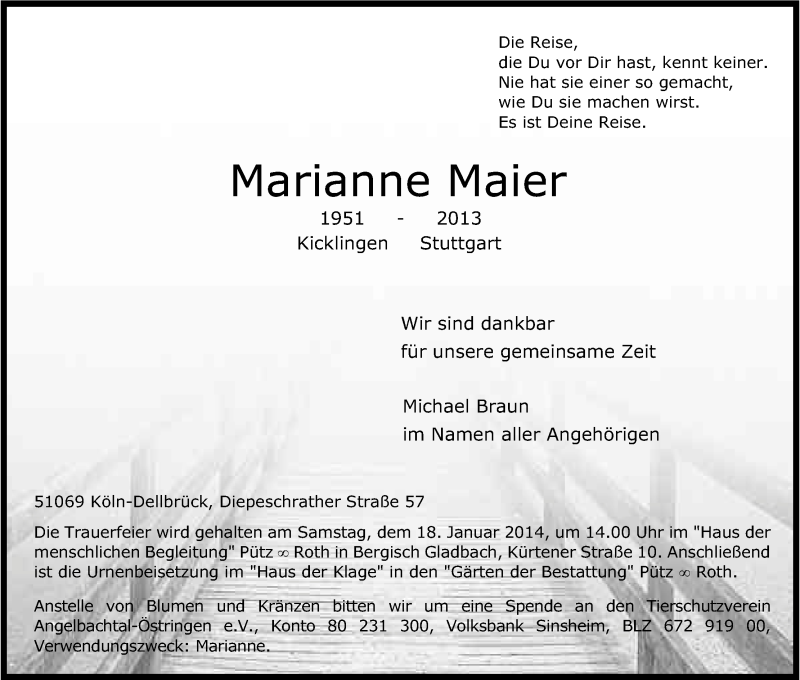  Traueranzeige für Marianne Maier vom 11.01.2014 aus Kölner Stadt-Anzeiger / Kölnische Rundschau / Express