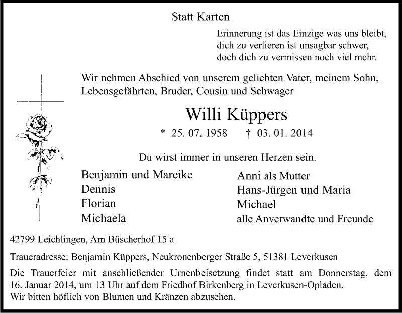  Traueranzeige für Wilfried Küppers vom 11.01.2014 aus Kölner Stadt-Anzeiger / Kölnische Rundschau / Express