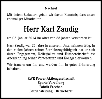 Anzeige von Karl Zaudig von Kölner Stadt-Anzeiger / Kölnische Rundschau / Express