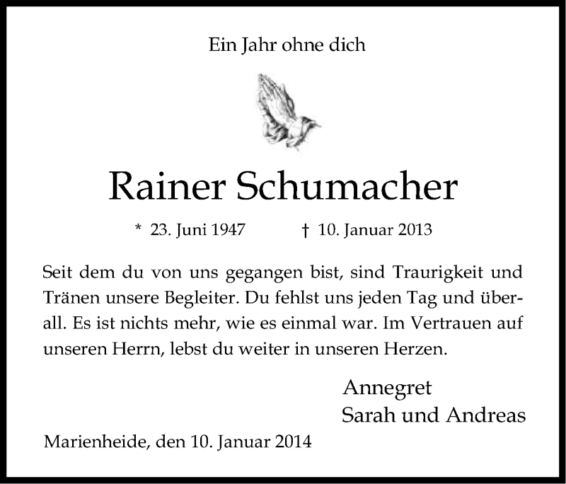  Traueranzeige für Rainer Schumacher vom 10.01.2014 aus Kölner Stadt-Anzeiger / Kölnische Rundschau / Express